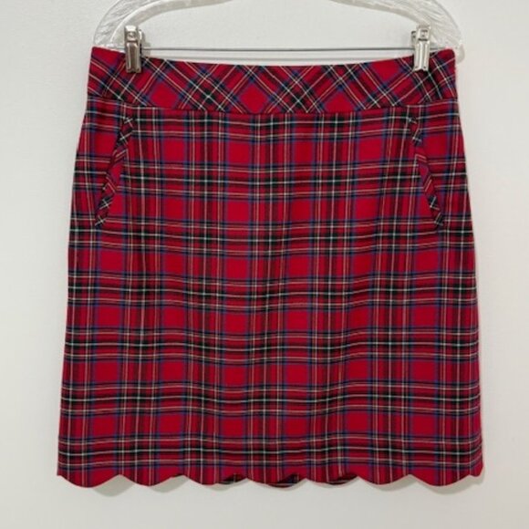 Talbots Red Blue Plaid Skirt Wool Blend Scallop Hem w/ Pockets Women's Size 12P - Picture 2 of 5